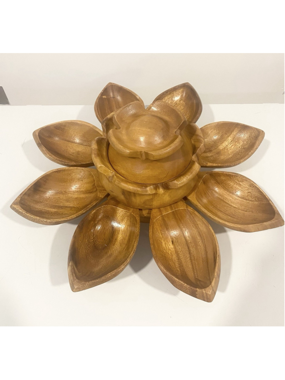 Vintage Monkey Pod Wood Lotus Flower Snack Bowl Set MCM Rotating 8 Petal